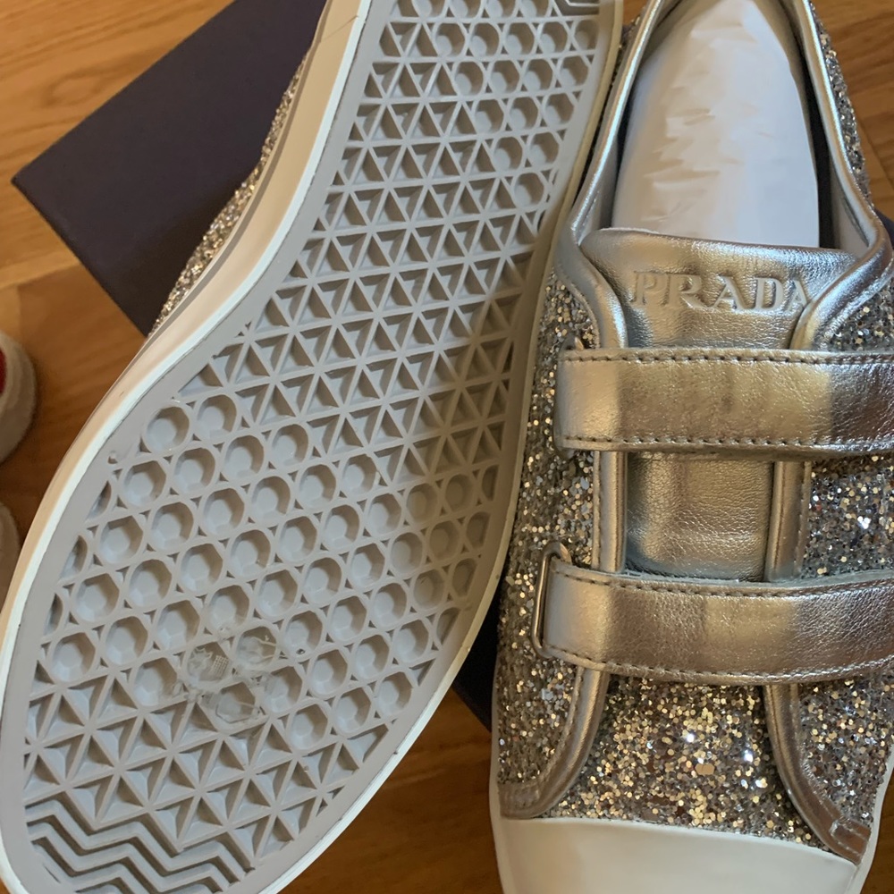 Prada silver Glitter Sneaker Silver Flat Sz 36 - Picture 4 of 5
